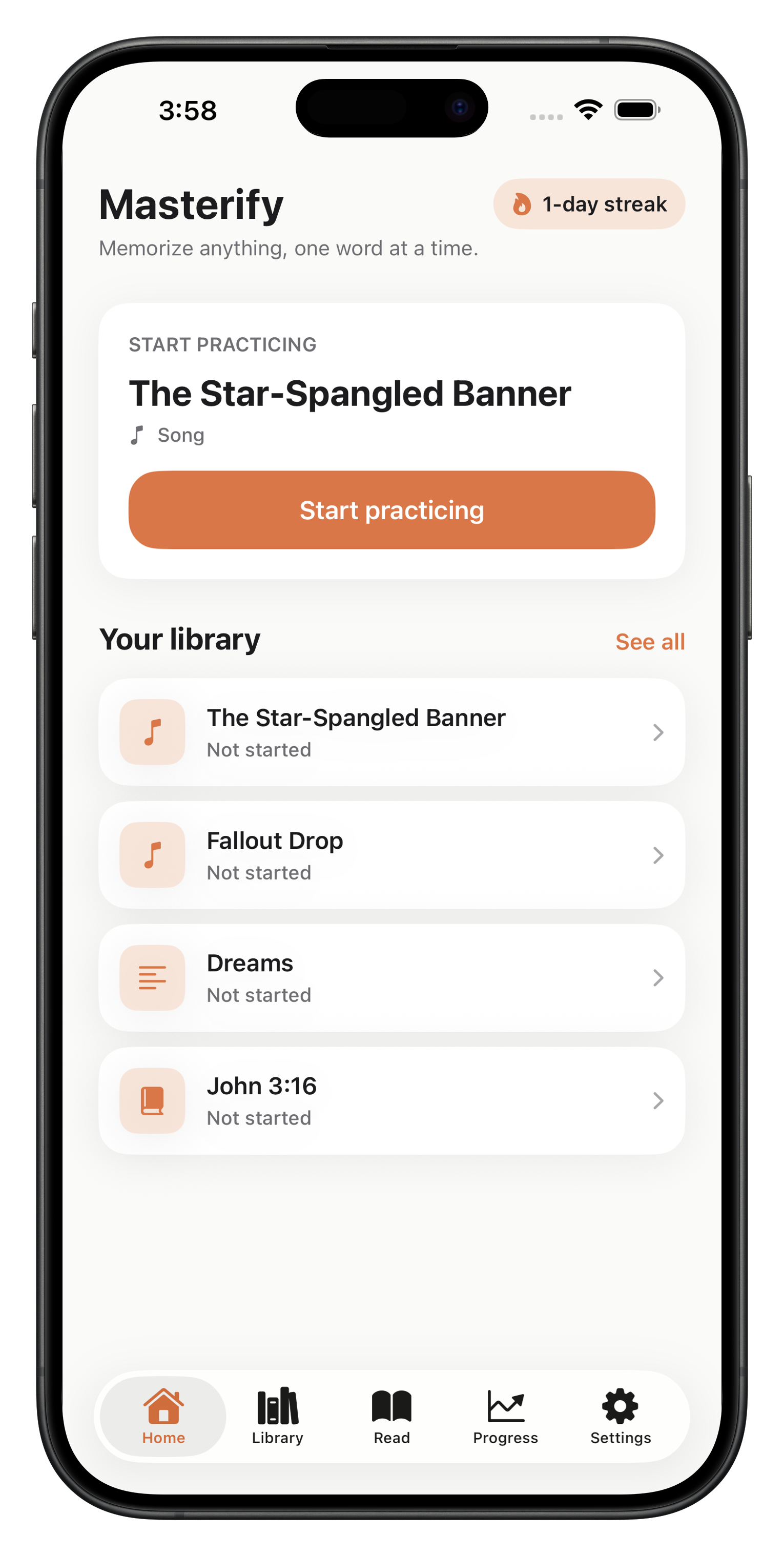 Masterify app on iPhone showing the Home screen with a Continue Practicing card and reading progress.